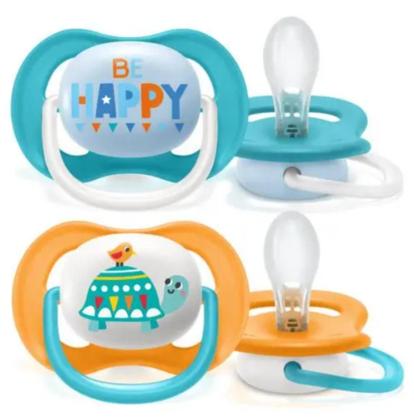 Imagem de Chupeta Avent Ultra Air 6 18 Meses Cor Azul Be Happy e laranja Tartaruga