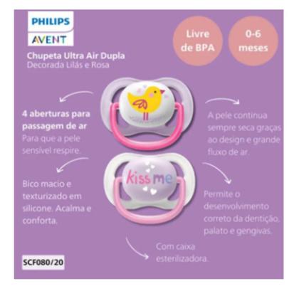 Imagem de Chupeta Avent Ultra Air Happy Dupla Tamanho 1 Rosa Passarinho e Branca Kiss Me 0-6m