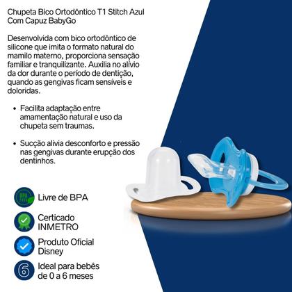 Imagem de Chupeta Bico Ortodôntico T1 Stitch Azul Com Capuz BabyGo