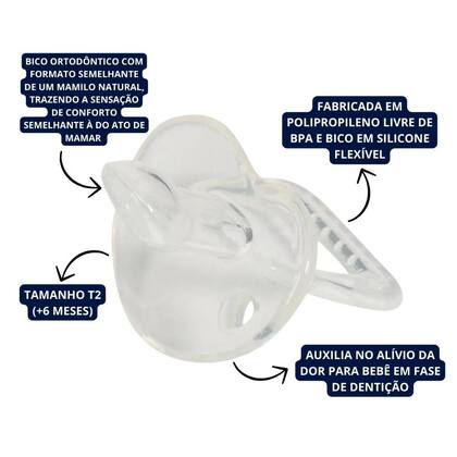 Imagem de Chupeta de Silicone T2 Unissex Transparente com Bico Ortodontico +6 Meses