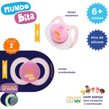 Imagem de Chupeta Lolly Mundo Bita Silicone Dia e Noite Tamanho 2 6+ Meses Brilha no Escuro Rosa 2 Unidades