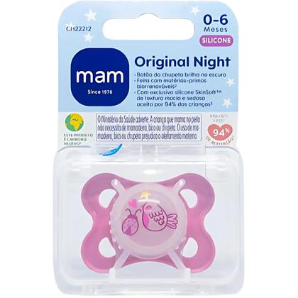 Imagem de Chupeta MAM Original Night 06 Meses Silicone SkinSoft Rosa Brilha no Escuro Esterilizável BPA Free Estojo Night