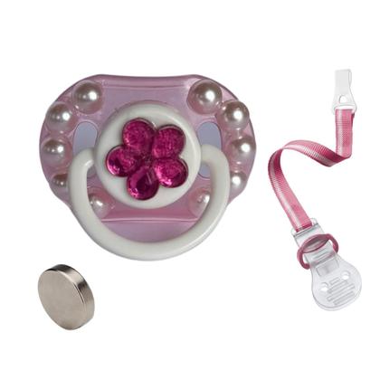 Imagem de chupeta Rosa para bebes reborn Magnética com pérolas + prendedor de chupetas