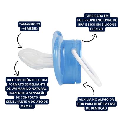 Imagem de Chupeta T2 Azul Menino Bico de Silicone Ortodontico +6 Meses