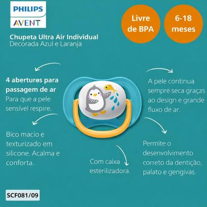 Imagem de Chupeta Ultra Air Animais Pinguim De 6-18 Meses Unitária Azul Menino - Philips Avent