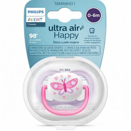Imagem de Chupeta Ultra Air Happy Borboleta De 0-6 Meses Unitária Rosa Menina - Philips Avent