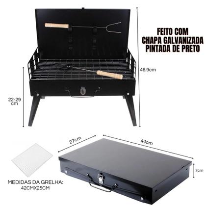 Imagem de Churrasqueira Á Carvão Maleta Dobrável Galvanizada Preta Portátil com Alça e Grelha Inox P/ Camping