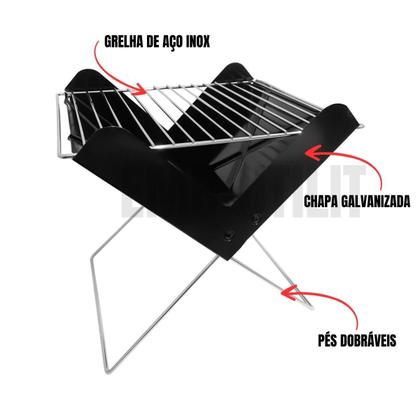 Imagem de Churrasqueira Á Carvão Portátil Triângulo com Chapa Galvanizada e Grelha Inox Pés Dobráveis Móvel