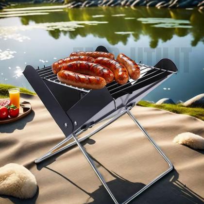 Imagem de Churrasqueira Á Carvão Portátil Triângulo com Chapa Galvanizada e Grelha Inox Pés Dobráveis Móvel