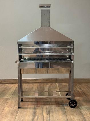 Imagem de Churrasqueira Inox Carrinho de Churrasco Para Espetinho Com 2 Grelhas Coifa e Duto Elevado Reforçada