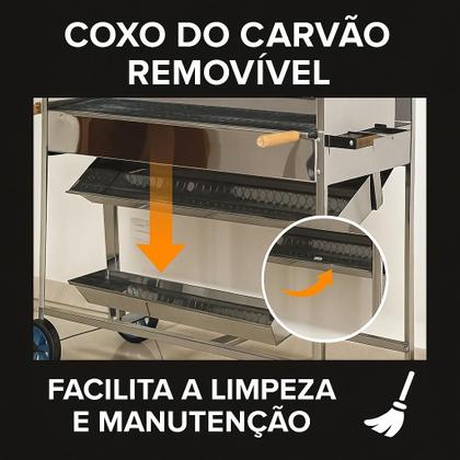 Imagem de Churrasqueira Inox Carrinho de Churrasco Para Espetinho Com 2 Grelhas Coifa e Duto Elevado Reforçada