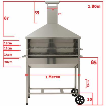 Imagem de Churrasqueira Inox Carrinho de Churrasco Para Espetinho Com 2 Grelhas Coifa e Duto Elevado Reforçada