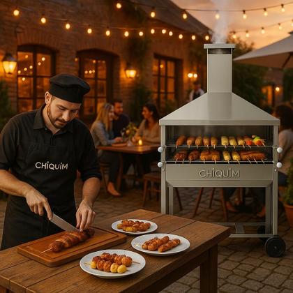 Imagem de Churrasqueira Inox Carrinho de Churrasco Para Espetinho Com 2 Grelhas Coifa e Duto Elevado Reforçada