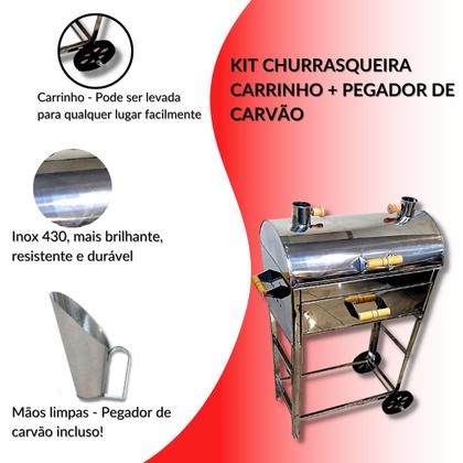 Imagem de Churrasqueira Inox Grande A Bafo Parrilla Carrinho Carvão Com Pegador de Carvão