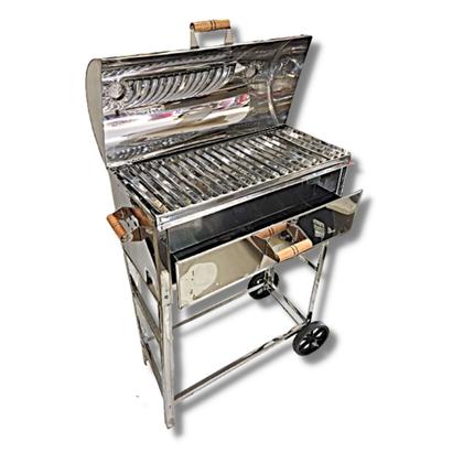 Imagem de Churrasqueira Inox Grande A Bafo Parrilla Carrinho Carvão Com Pegador de Carvão