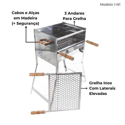 Imagem de Churrasqueira Inox Portatil Dobravel Fechada com Alça de Laterais e Grelha Inox I N1