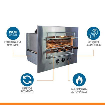 Imagem de Churrasqueira sem Fumaça de Embutir 48x52cm Rotativa a Gás GLP Aço Inox Hope