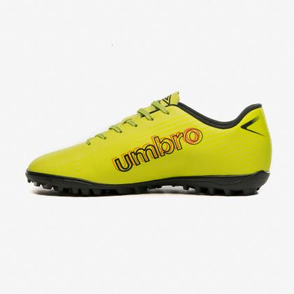 Imagem de Chuteira Society Umbro Arcade Unissex Verde Limão Preto Grama Sintética Futebol Jogadas Leve Jogador