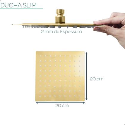 Imagem de Chuveiro Dourado 20x20 Com Niple Ducha Slim Quadrada De Teto Inox 201 Gold Cascata 20cm A Gas Banheiro Luxo