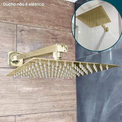 Imagem de Chuveiro Dourado 20x20 Ducha Quadrada Inox Dourada Gold Cascata 20cm A Gas Braço Suporte 40cm De Parede Horizontal Slim Square Banheiro Luxo