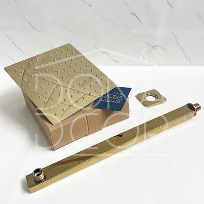 Imagem de Chuveiro Dourado 20x20 Ducha Quadrada Inox Dourada Gold Cascata 20cm A Gas Braço Suporte 40cm De Parede Horizontal Slim Square Banheiro Luxo