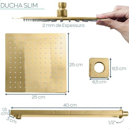 Imagem de Chuveiro Dourado 25x25 Ducha Quadrada Inox Dourada Gold Cascata 25cm A Gas Braço Suporte 40cm De Parede Horizontal Slim Square Banheiro Luxo