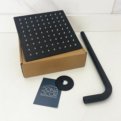 Imagem de Chuveiro Ducha Preta Quadrada Inox Banheiro 20x20 Parede Fria Cascata Gas 20cm Braço Redondo Curvado Haste Horizontal