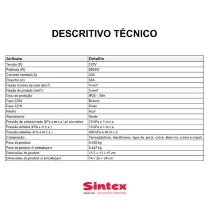 Imagem de Chuveiro Elétrico Banho Quente 4T 127V 5500W Sintex - BQ155