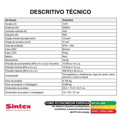 Imagem de Chuveiro Eletrônico 127v 5.400w - DE154 Sintex