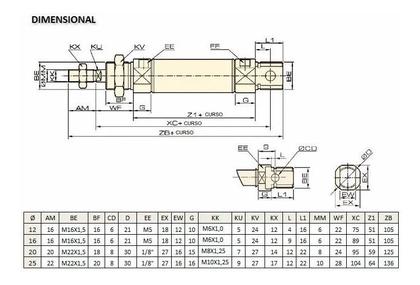 Imagem de Cilindro Pneumático Dupla Ação Mini Iso 6432 Ø 25x25 Curso