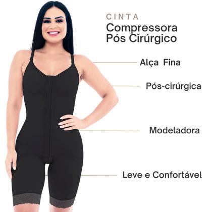 Imagem de Cinta Macacão Modeladora Pós Cirúrgica Curta Alça Fina Regulável Slim Compressora 