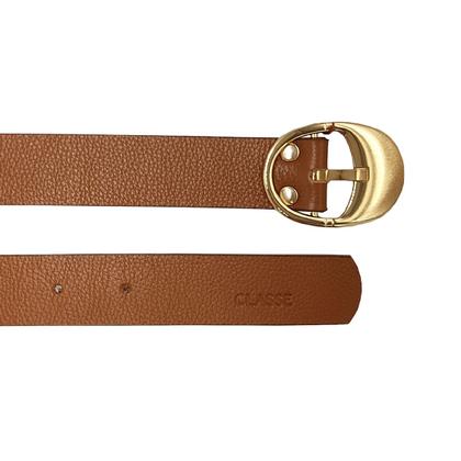 Imagem de Cinto Classe Couro Legítimo Feminino Marrom Fivela Metal Dourado Redonda CF31