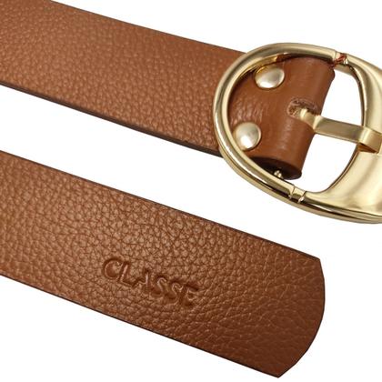 Imagem de Cinto Classe Couro Legítimo Feminino Marrom Fivela Metal Dourado Redonda CF31