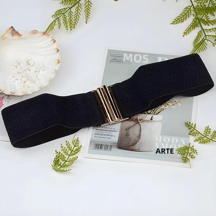 Imagem de Cinto de Cintura com Espartilho Elástico Largo e Fivela Dourada - Para Vestidos Femininos