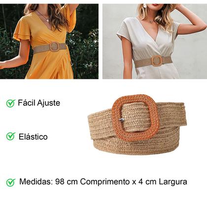 Imagem de Cinto Elástico Palha Estilo Vintage Moda Verão + Cinto Fino Dupla Face Pedraria Strass