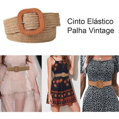 Imagem de Cinto Elástico Palha Estilo Vintage Moda Verão + Cinto Fino Dupla Face Pedraria Strass