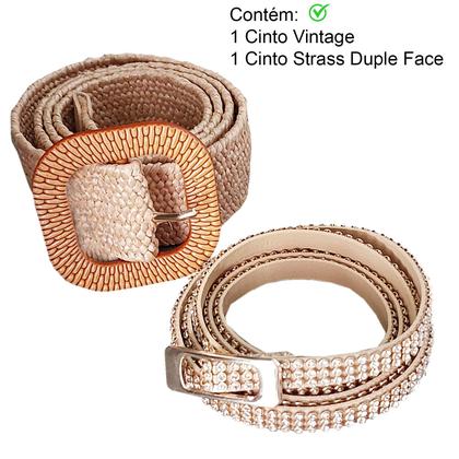 Imagem de Cinto Elástico Palha Estilo Vintage Moda Verão + Cinto Fino Dupla Face Pedraria Strass