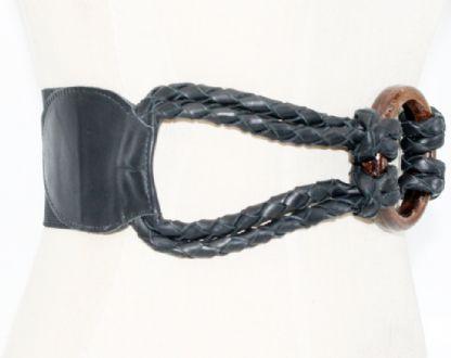 Imagem de Cinto faixa feminino de elástico com couro trançado chicote e argola de madeira LU500