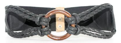 Imagem de Cinto faixa feminino de elástico com couro trançado chicote e argola de madeira LU500