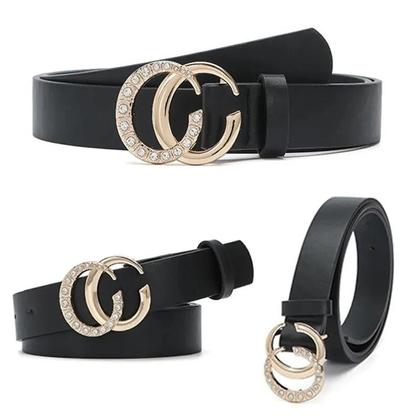 Imagem de Cinto Feminino de Couro PU com Fivela Retrô Dourada e Strass