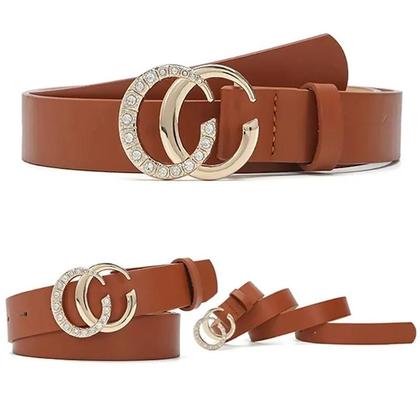 Imagem de Cinto Feminino de Couro PU com Fivela Retrô Dourada e Strass