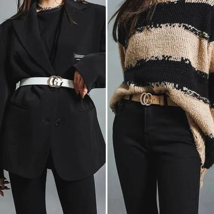 Imagem de Cinto Feminino de Couro PU com Fivela Retrô Dourada e Strass