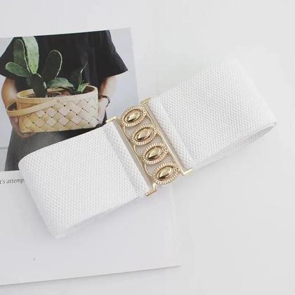 Imagem de Cinto Feminino De Moda Com Cintura Elástica E Fivela Dourada, Cinto Largo Versátil Para Vestido E