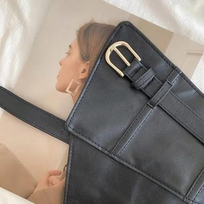 Imagem de Cinto Feminino Preto Largo De PU Com Elástico, Fivela Clássica De Pino, Faixa De Cintura Estilo