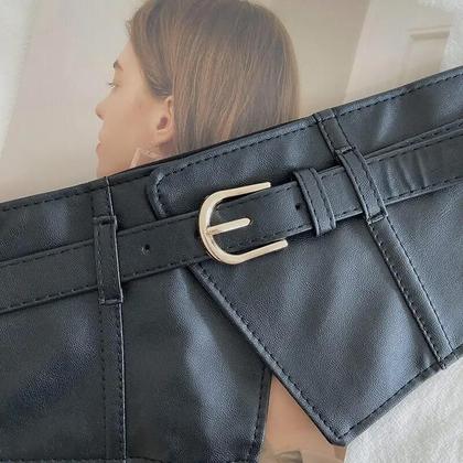 Imagem de Cinto Feminino Preto Largo De PU Com Elástico, Fivela Clássica De Pino, Faixa De Cintura Estilo