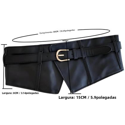 Imagem de Cinto Feminino Preto Largo De PU Com Elástico, Fivela Clássica De Pino, Faixa De Cintura Estilo