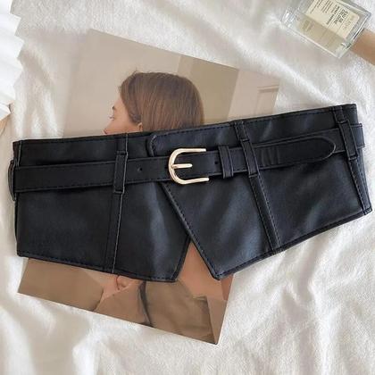 Imagem de Cinto Feminino Preto Largo De PU Com Elástico, Fivela Clássica De Pino, Faixa De Cintura Estilo