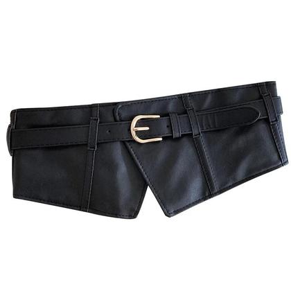 Imagem de Cinto Feminino Preto Largo De PU Com Elástico, Fivela Clássica De Pino, Faixa De Cintura Estilo