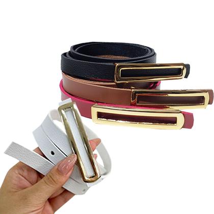 Imagem de Cinto Fino Feminino Fivela Alongada Dourada Tendência Modinha: Kit 4 Cintos Cores Diversas