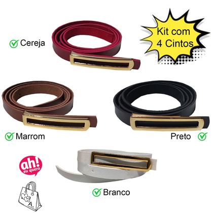 Imagem de Cinto Fino Feminino Fivela Alongada Dourada Tendência Modinha: Kit 4 Cintos Cores Diversas